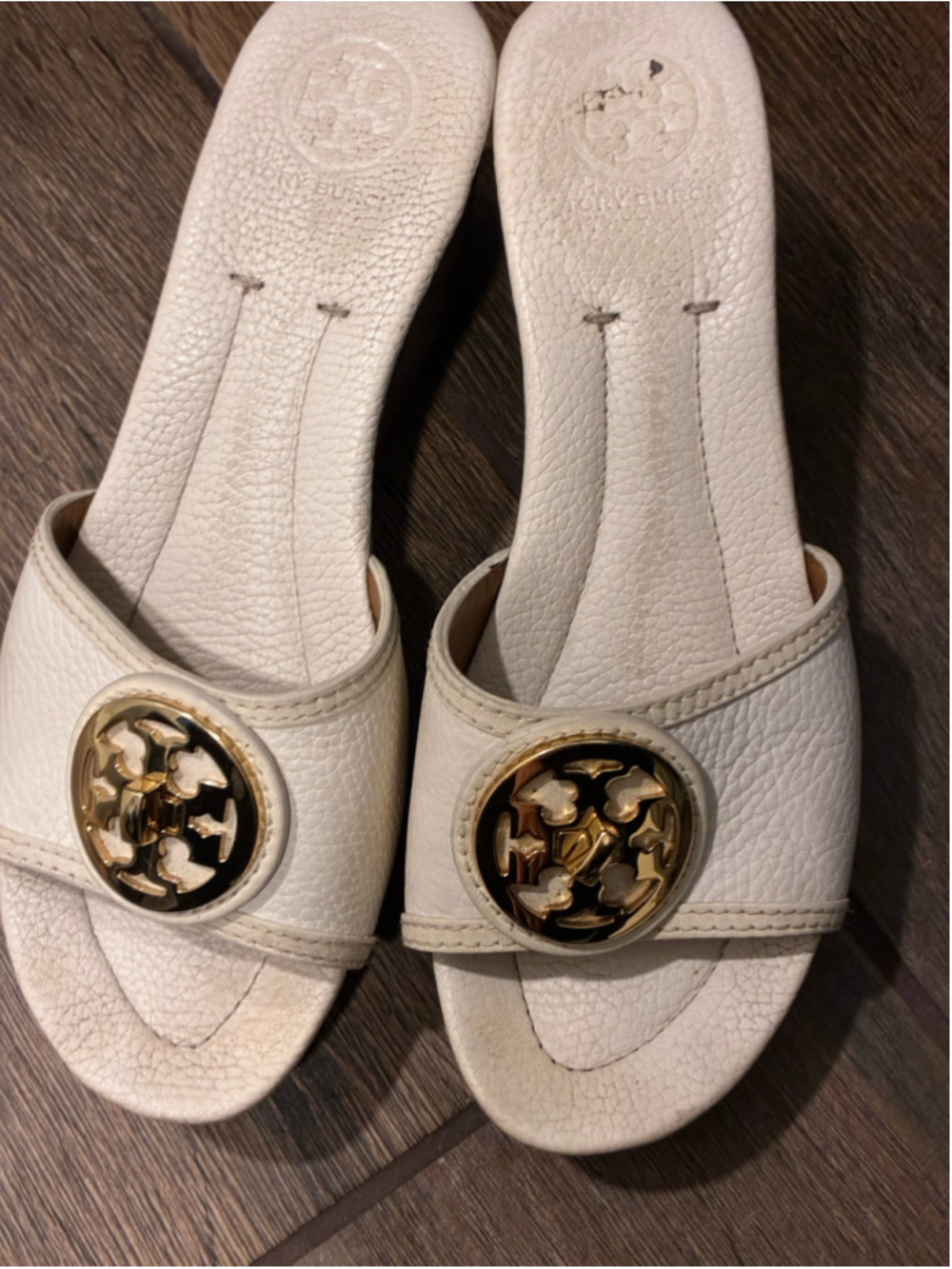 Tory Burch White Leather Selma Wedge Sandals with Gold Logo Women 8